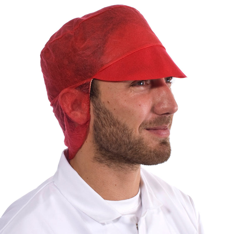 Red non-woven snood cap with an elastic edge, ideal for colour-coded food production environments.