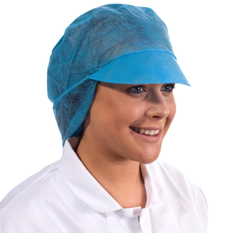 Blue non-woven snood cap for the food industry, ensuring total hair coverage and hygiene compliance.