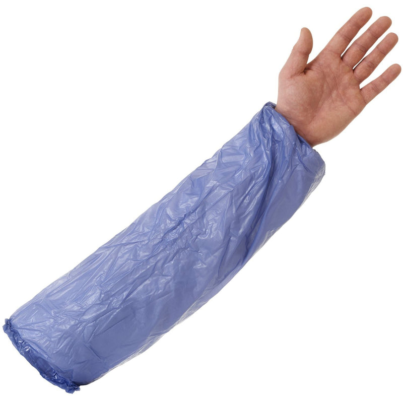 Blue Supertouch PVC oversleeves, shown flat, designed for comfortable protection in clean environments.