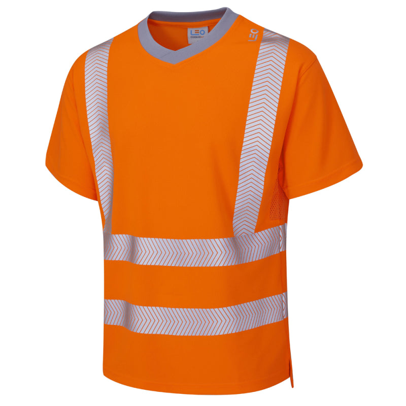 Leo Workwear Larkstone Coolviz Plus T-shirt in hi-vis orange with segmented reflective tape for comfort.