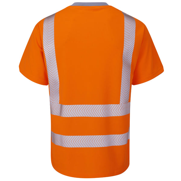 Model wearing the hi-vis orange Leo Workwear Larkstone Coolviz Plus T-shirt, showing its athletic fit.