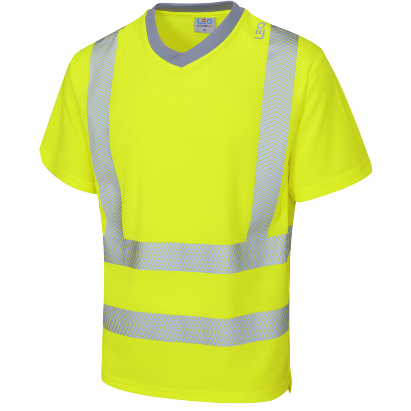 Hi-vis yellow Leo Workwear Larkstone T-shirt with breathable Coolviz Plus fabric and flexible tape.