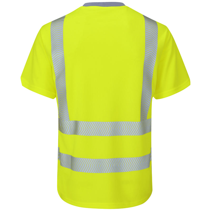 Model demonstrating the fit of the yellow Leo Workwear Larkstone Coolviz Plus T-shirt.