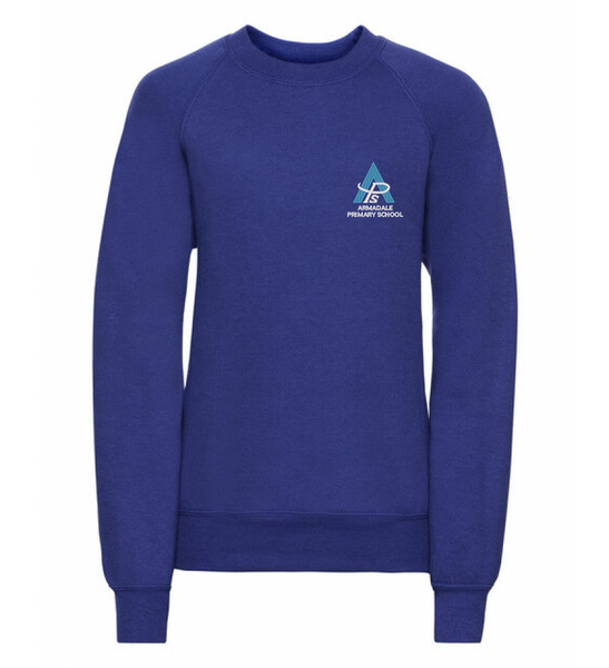 A royal blue Armadale PS sweatshirt for kids, embroidered with the school crest.