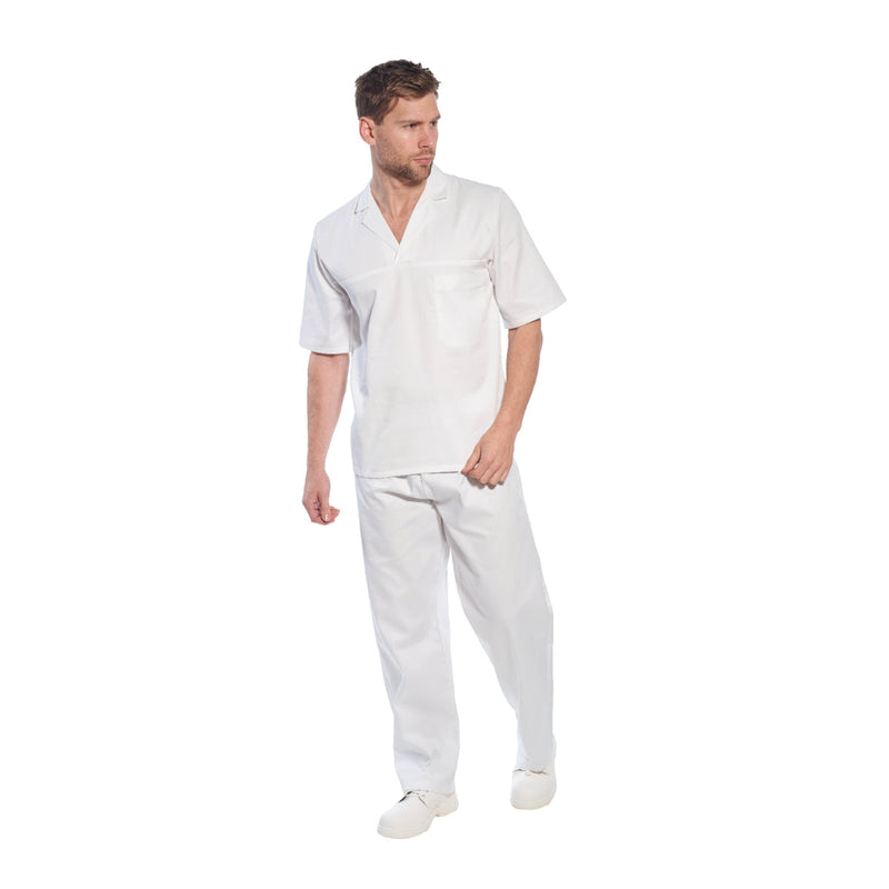 Baker wearing Portwest bakers trousers, front view.