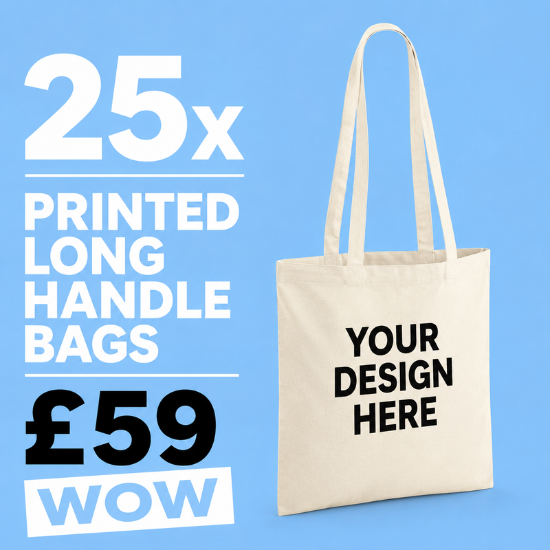 25x Long Handle Tote Bags - Bundle with Free Front Print