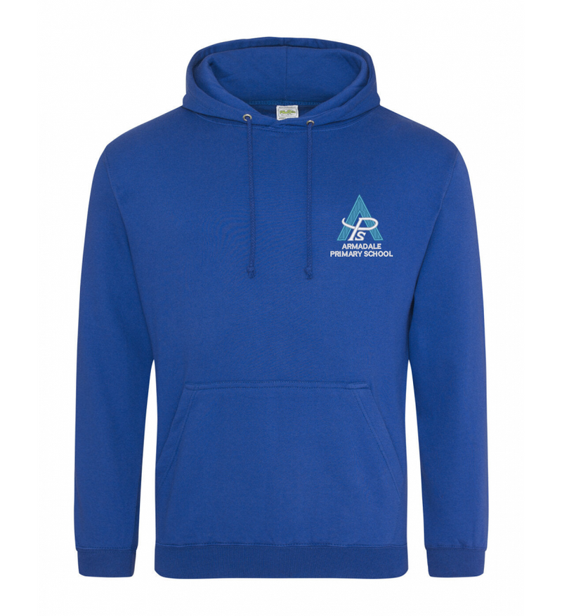 A royal blue Armadale PS House Hoodie for adults, featuring the school crest on the chest.