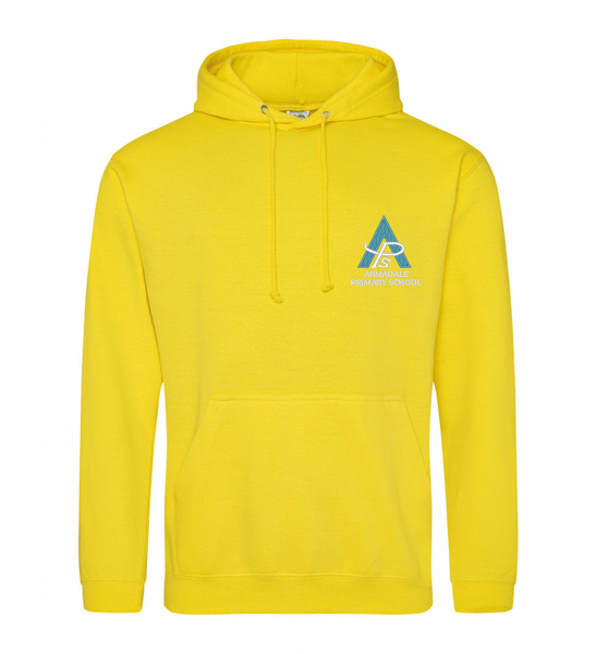 A sun yellow Armadale PS House Hoodie for adults, with the school logo embroidered on the left.