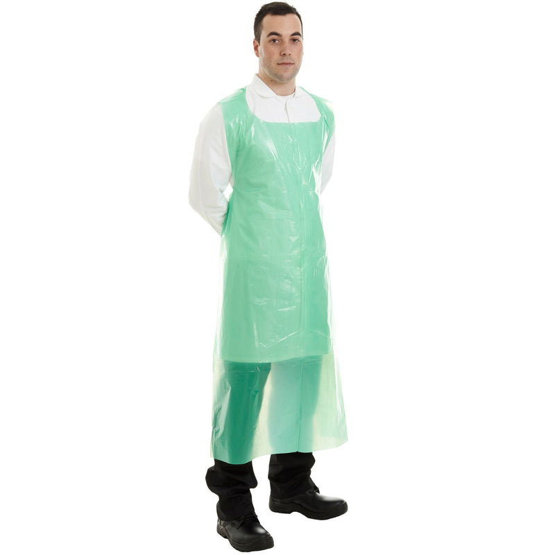 Supertouch PE apron 100 micron in green, durable disposable apron for hygienic workplace protection.