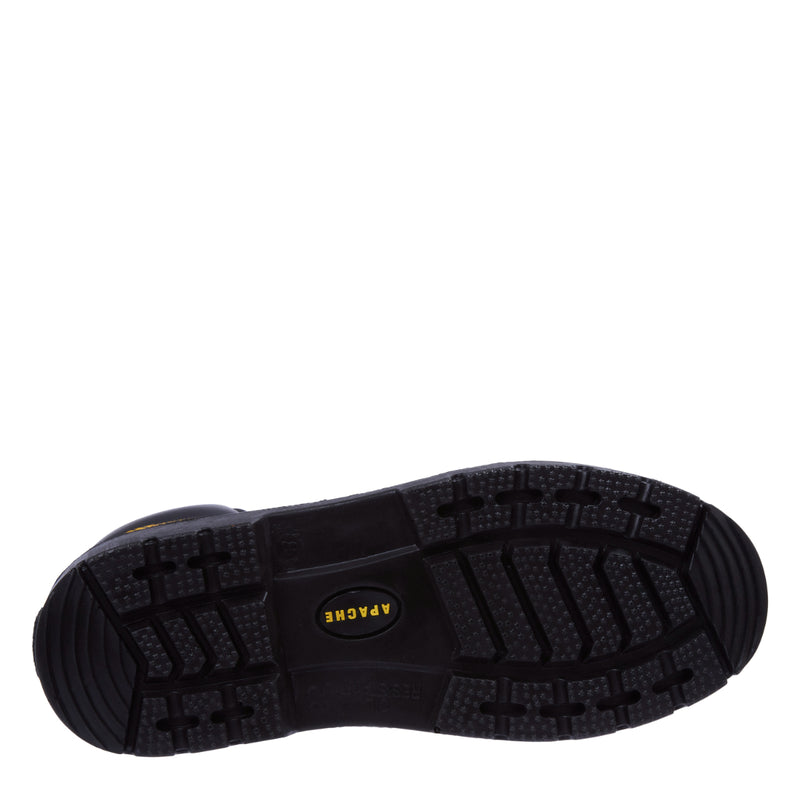 Angled view of the classic black leather Apache AP300 safety boot.