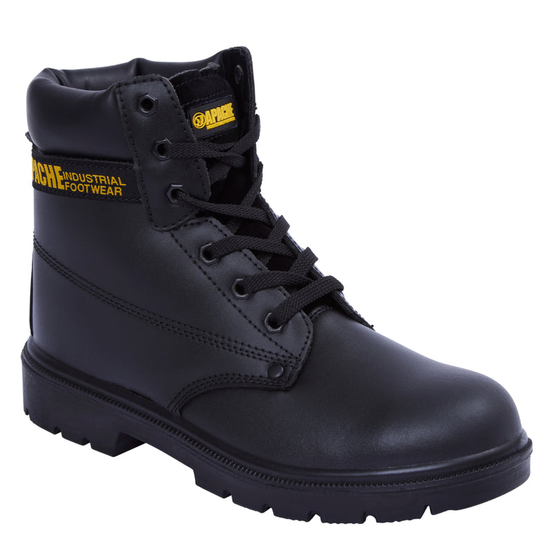 Apache AP300 black 6-eye safety boot, side profile view.