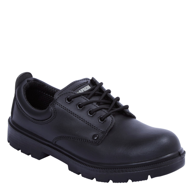 Apache AP306 black 4-eye safety shoe, shown in profile.