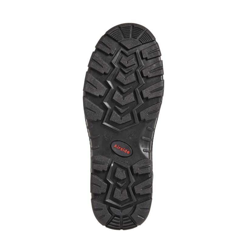 Heavy-duty black sole with deep grip tread, labeled Airside, designed for industrial safety boots