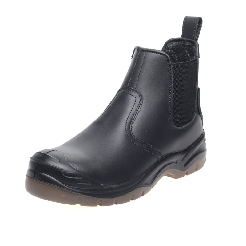Apache AP714SM black leather safety dealer boot, side profile.