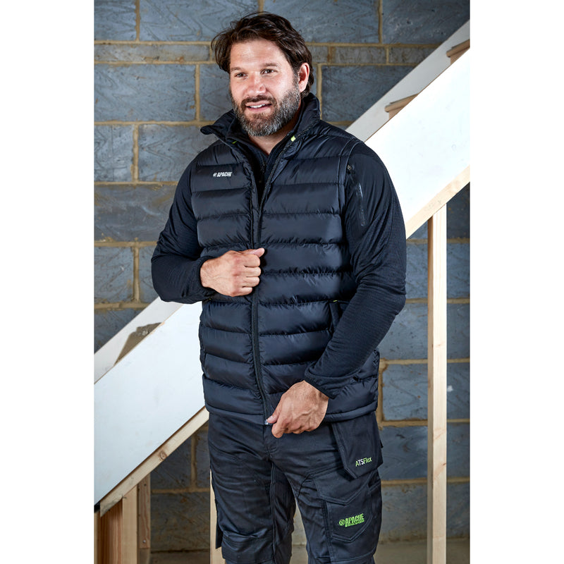 Full-length view of the black Apache ATS gilet for layering.