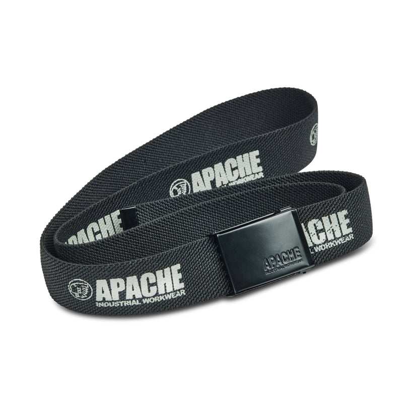Full length view of the uncoiled black Apache Horizon webbed belt.