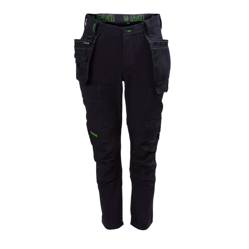 Apache Calgary 4-way stretch work trousers in black, featuring a modern, slim-fit design with holster pockets.