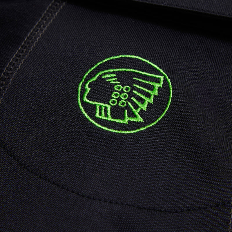 Detail shot of the collar and button placket on the Langley polo.