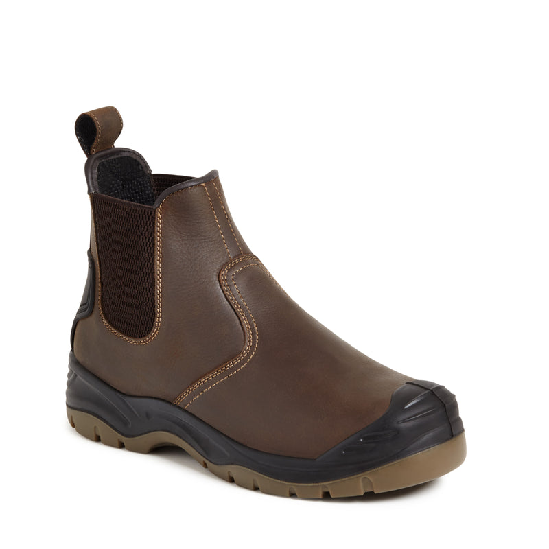 Apache AP715SM safety dealer boot in brown leather, side profile.