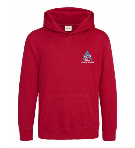 The kids' Armadale PS House Hoodie in a vibrant red color with the school crest.