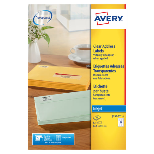 Avery Inkjet Address Labels 21 Per Sheet Clear – (Pack of 525)