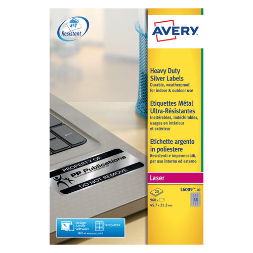 Avery Laser Label Heavy Duty 48 Per Sheet Silver L6009-20 – (Pack of 960)