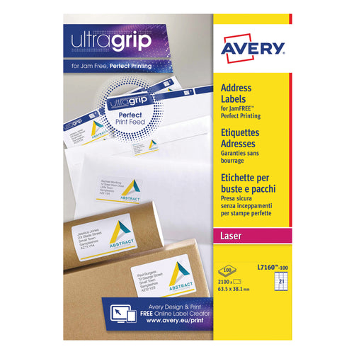 Avery Ultragrip Laser Address Labels Quickpeel 63.5x38.1mm 21 Per Sheet White – (Pack of 2100)