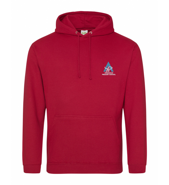 A red Armadale PS House Hoodie for adults, with the school crest embroidered on the chest.