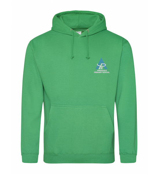 An Armadale PS House Hoodie for adults in kelly green, displaying the school crest.