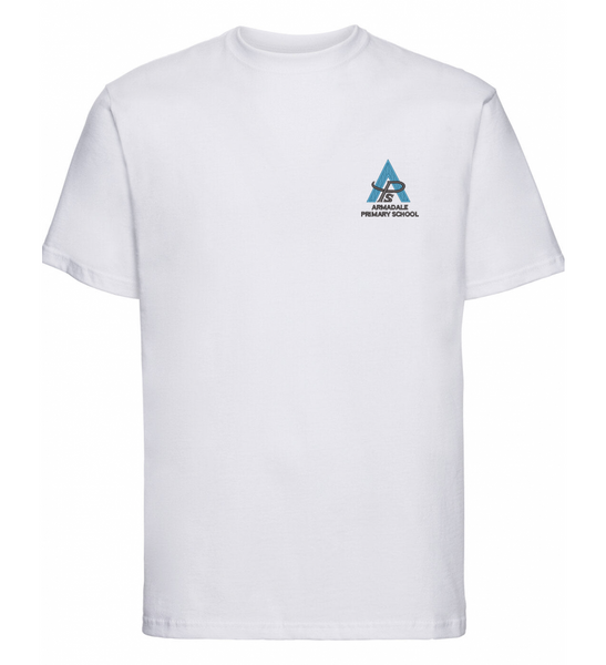 The adult's white Armadale PS t-shirt, designed with house colors and the school crest.