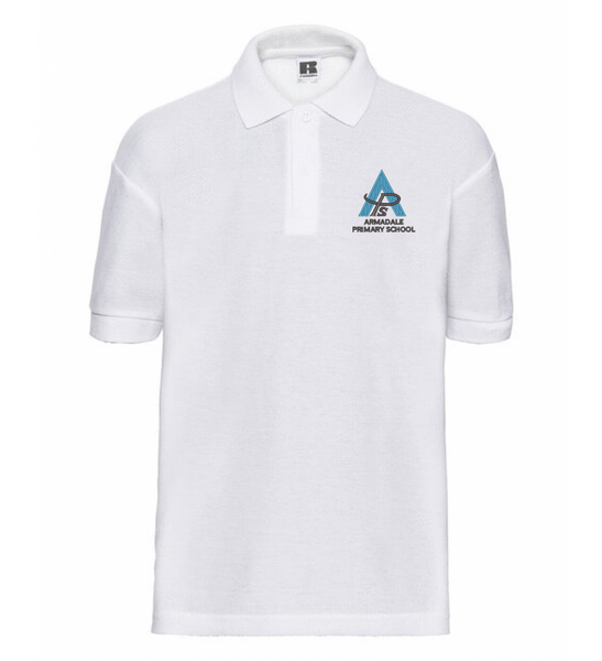 A white Armadale PS polo shirt for kids, with the school crest on the left chest.