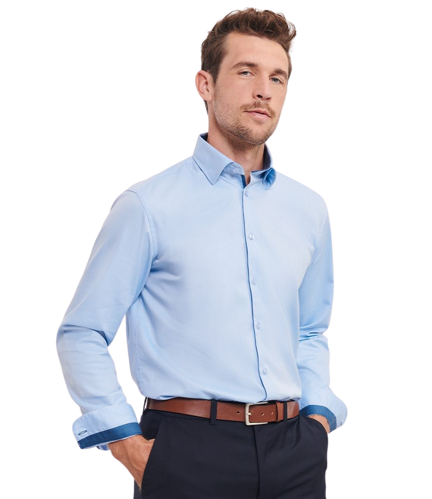 Russell Long Sleeve Tailored Contrast Herringbone Shirt - Light Blue/Mid Blue/Bright Navy