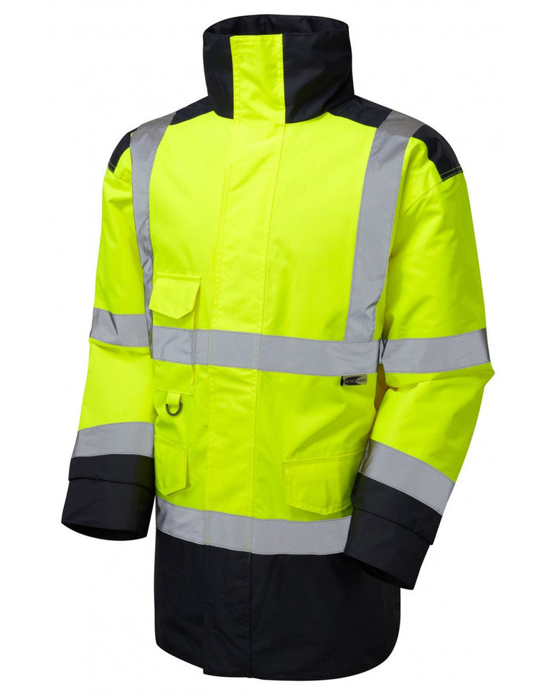 Leo Workwear Tawstock yellow and navy high-visibility vest for improved worker protection