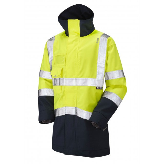 Leo Workwear hi-vis yellow Clovelly jacket with navy contrast, designed for high visibility and safety