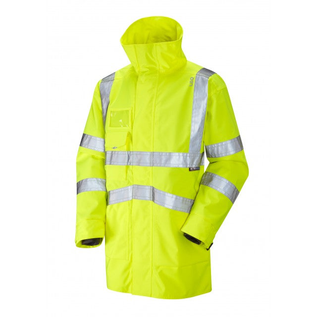 The outer shell of the hi-vis yellow Leo Workwear Clovelly anorak, a durable and weatherproof safety jacket.