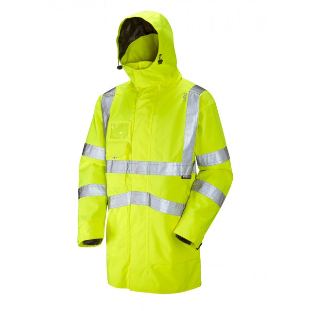 Leo Workwear hi-vis yellow Clovelly hooded jacket with reflective tape for visibility and weather safety