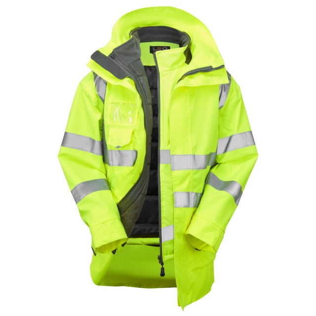 Leo Workwear hi-vis yellow bodywarmer worn over Clovelly jacket for enhanced visibility and warmth