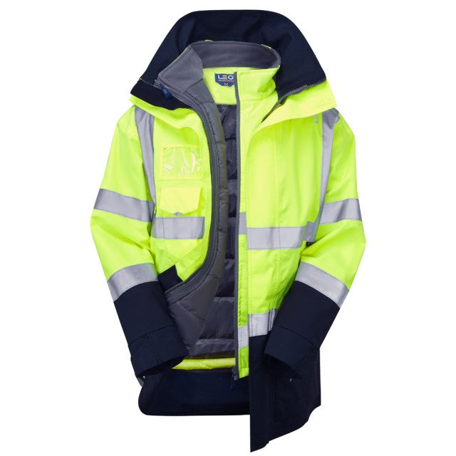 Leo Workwear hi-vis yellow Clovelly jacket with navy Torrington bodywarmer for enhanced visibility