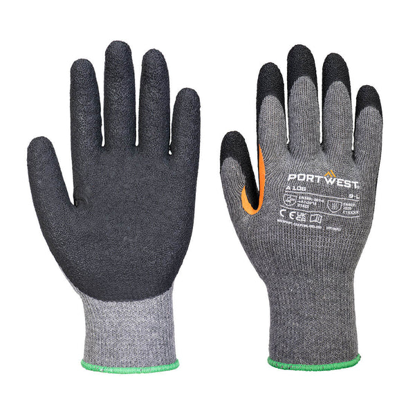 Portwest A106 grey knit gloves with textured black grip palm and orange thumb reinforcement, size 9L