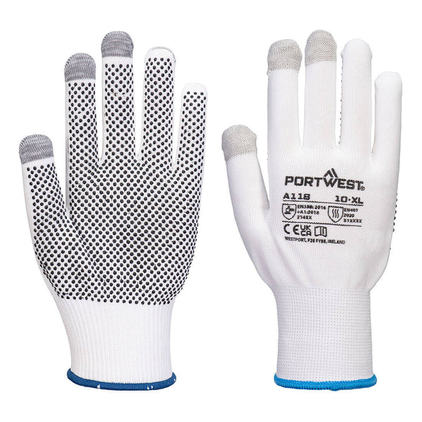 Portwest A118 white knit gloves with grey touchscreen fingertips and black PVC dot grips, size 10XL