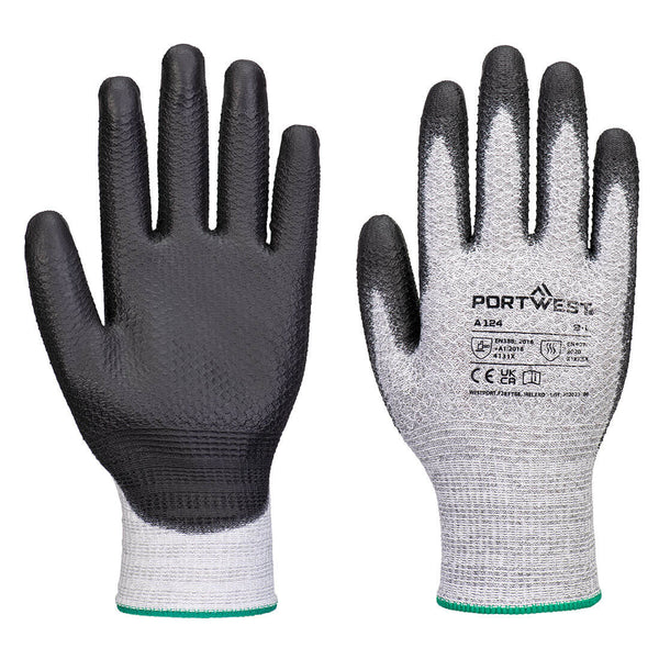 Portwest A124 light grey knit gloves with black sandy grip coating on palms and fingertips, size 9L