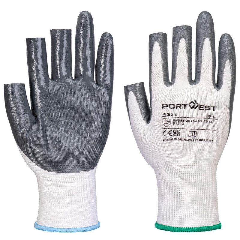 Portwest A311 white seamless gloves with full grey PVC dipped palm and fingers and blue cuff trim, size 9L