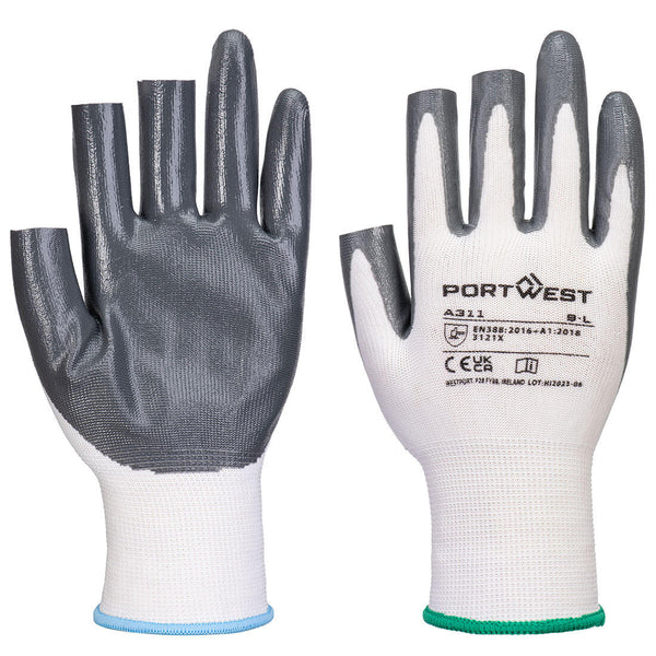 Portwest A311 white seamless gloves with full grey PVC dipped palm and fingers and blue cuff trim, size 9L