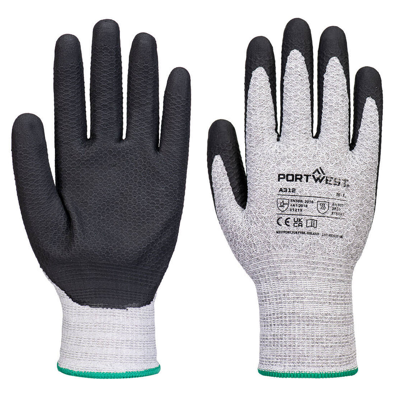 Portwest A312 grey seamless gloves with black textured grip coating and green cuff trim, size 9L