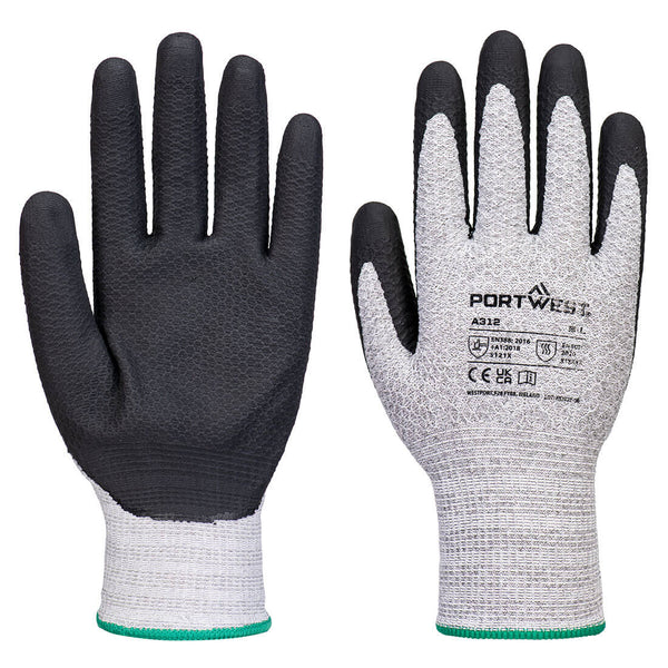 Portwest A312 grey seamless gloves with black textured grip coating and green cuff trim, size 9L