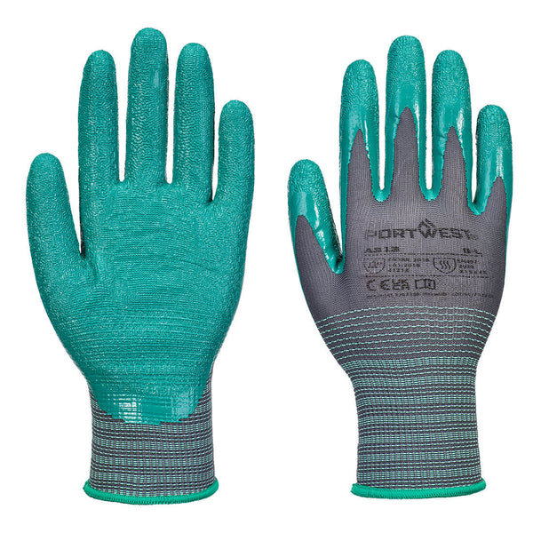 Portwest A313 dark grey seamless gloves with teal green sandy grip coating on palm and fingers and green cuff trim, size 9L