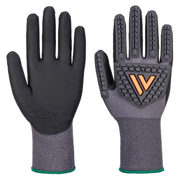 Black Portwest nitrile-coated impact gloves with textured palm and knuckle padding on backdrop