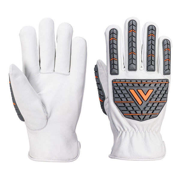 White Portwest leather impact-driver gloves with flexible knuckle guards, shown side by side