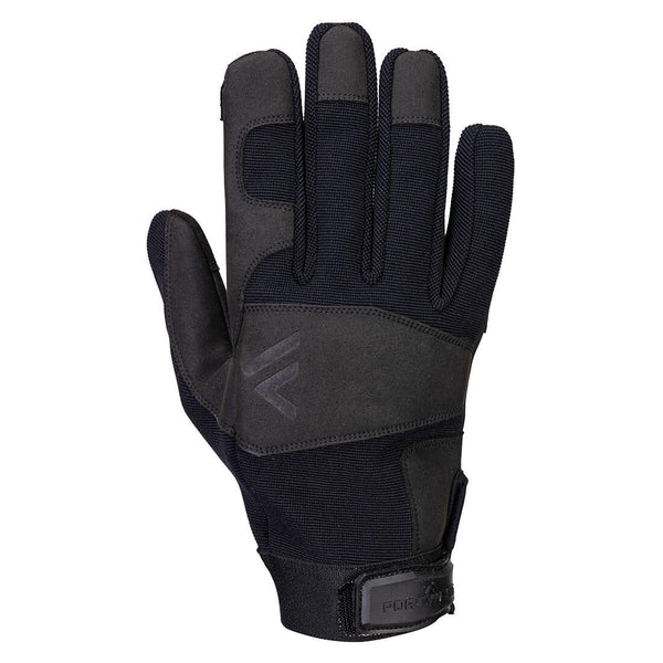 Black Portwest pro utility gloves with recycled nylon back, synthetic leather palm and wrist strap