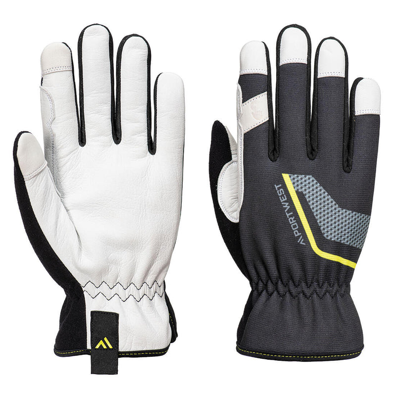 Black Portwest stretch utility leather gloves with goatskin palm and touchscreen fingertips
